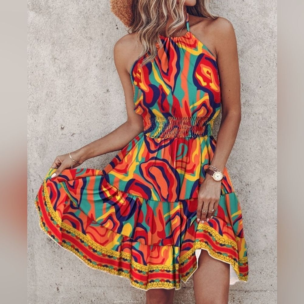 Vibrant Abstract Halter Neck Cinched Waist Mini Dress Sz S M L XL 1X